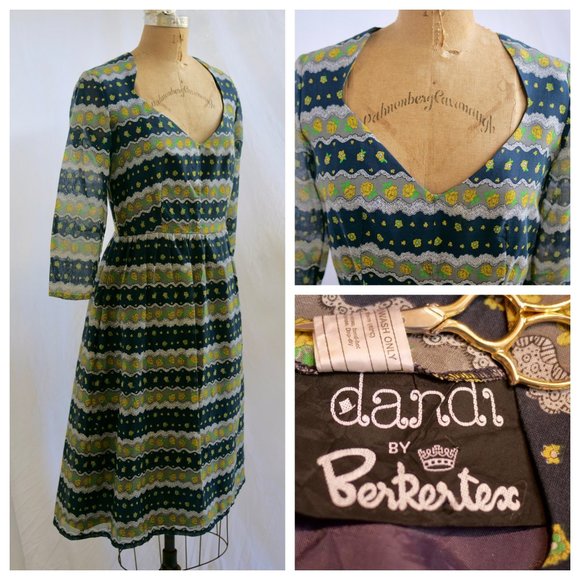 vtg 70s BERKERTEX Dandi Sweetheart Neckline Scooter Dress Secretary Academic 12 - Picture 1 of 10